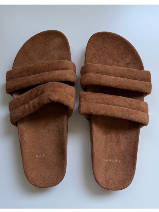 Varley Shoes - Varley Giles quilted Suede Slides in Chestnut Brown